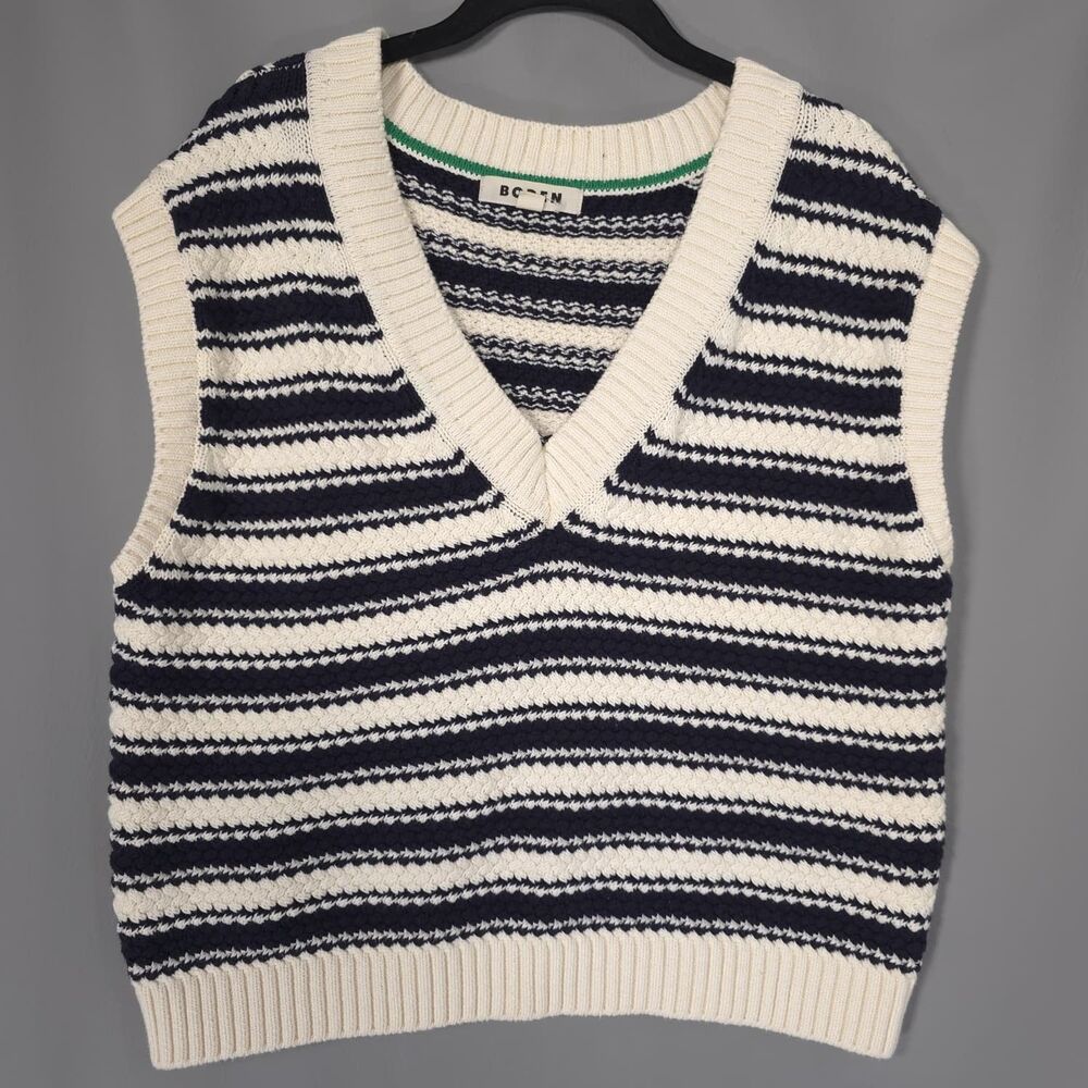 BODEN Women's Knit Sweater Vest MEDIUM Navy Ivory‎ 100% Cotton K0944